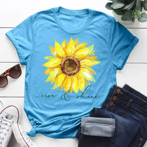 Γυναικείο Casual T-Shirt με Τύπωμα Ηλίανθου Καλοκαιρινό Κοντό Μανίκι Στρογγυλή Λαιμόκοψη Γραφικό Top Πολυεστέρας Χαλαρή Εφαρμογή
