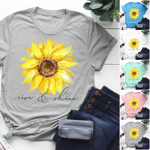 Γυναικείο Casual T-Shirt με Τύπωμα Ηλίανθου Καλοκαιρινό Κοντό Μανίκι Στρογγυλή Λαιμόκοψη Γραφικό Top Πολυεστέρας Χαλαρή Εφαρμογή