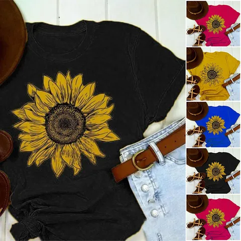 Damen Casual Baumwolle T-Shirt Sonnenblume Druck Lockerer Rundhals Kurzarm Top Urban Fashion Tee für den Alltag
