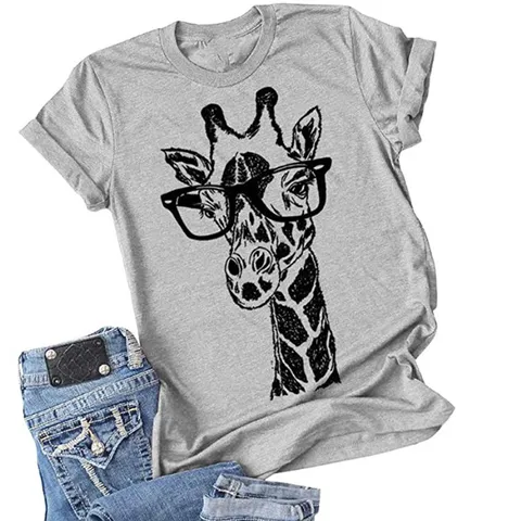 Damen Giraffe Druck Rundhals Kurzarm Baumwolle T-Shirt Lässig Pullover Top Bequem Täglich Urbaner Stil Kleidung