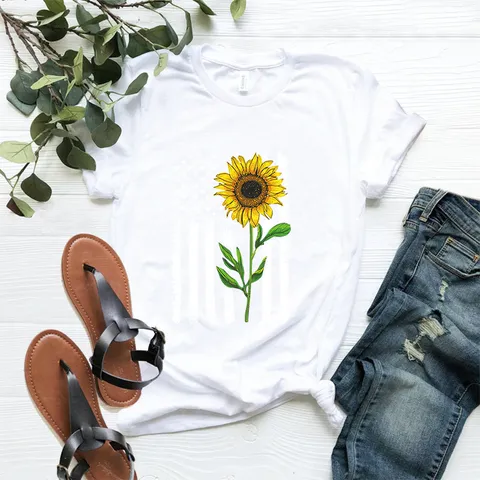 Γυναικείο Casual T-Shirt από Μείγμα Βαμβακιού Μοντάλ Στρογγυλή Λαιμόκοψη Κοντό Μανίκι Τοπ Με Σχέδιο Ηλιοτρόπιο Σημαία Δημιουργικό Tee