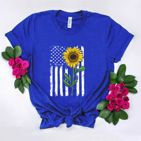 Γυναικείο Casual T-Shirt από Μείγμα Βαμβακιού Μοντάλ Στρογγυλή Λαιμόκοψη Κοντό Μανίκι Τοπ Με Σχέδιο Ηλιοτρόπιο Σημαία Δημιουργικό Tee