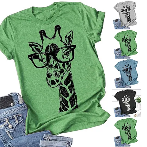 Damen Giraffe Druck Rundhals Kurzarm Baumwolle T-Shirt Lässig Pullover Top Bequem Täglich Urbaner Stil Kleidung