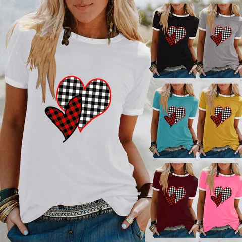 Dames Katoenmix T-shirt Casual Korte Mouw Ronde Hals Top Met Geruit Hart Print Contrast Bies Gothic Streetwear Zomer Dagelijkse Kleding