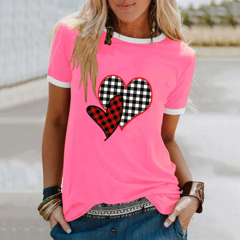Dames Katoenmix T-shirt Casual Korte Mouw Ronde Hals Top Met Geruit Hart Print Contrast Bies Gothic Streetwear Zomer Dagelijkse Kleding