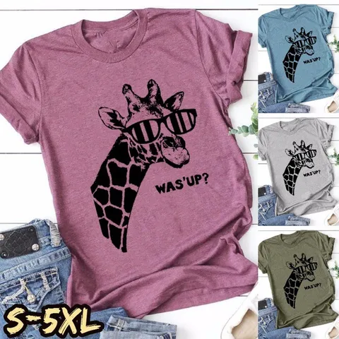 Dames Casual Katoen Modal T-Shirt Losse Ronde Hals Giraf Bedrukt Graphic Tee Was Up Zomer Korte Mouw Top