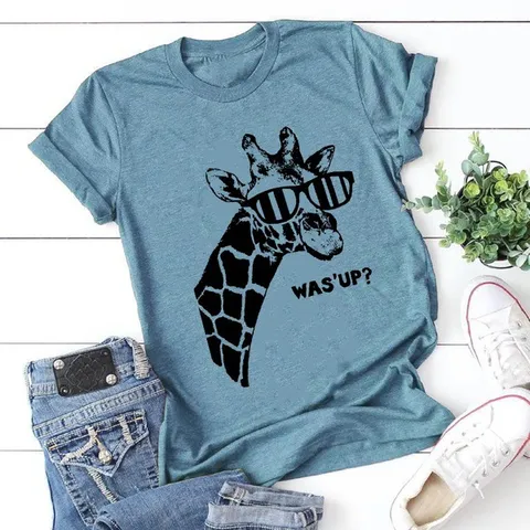 Dames Casual Katoen Modal T-Shirt Losse Ronde Hals Giraf Bedrukt Graphic Tee Was Up Zomer Korte Mouw Top