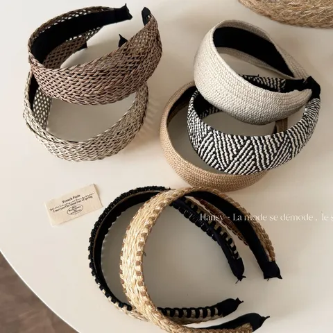 Women Straw Woven Headband Wide Hair Hoop Vacation Beach Hair Accessories Korean Style Handmade Daily Hairwear