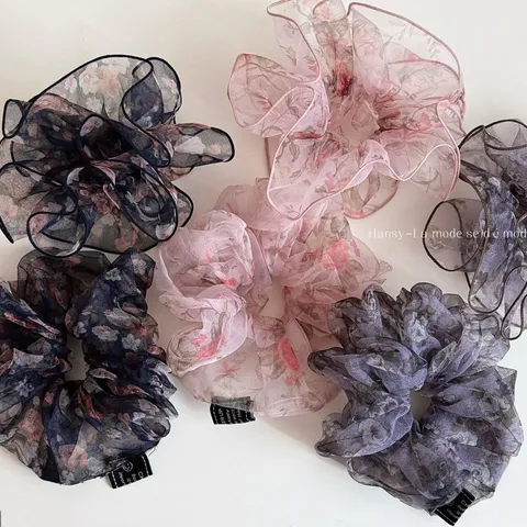 Franse Stijl Grote Bloemenprint Stof Haarelastiekjes Elegant Chiffon Mesh Organza Ruched Haarknot Trend Ponytail Houder Haarornamenten Voor Vrouwen Daten Dagelijks Haaraccessoires