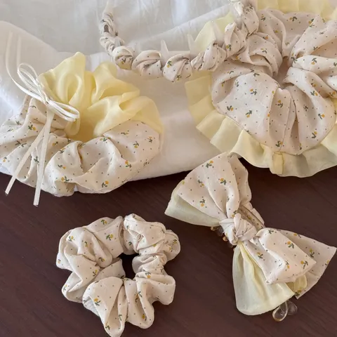 Pastorale Geel Bloemen Chiffon Stof Haarelastiek Haarspeld Haarband Zoet Geplooid Ruffs Paardenstaart Houder Dagelijks Haaraccessoires Voor Dames