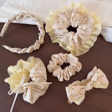 Pastorale Geel Bloemen Chiffon Stof Haarelastiek Haarspeld Haarband Zoet Geplooid Ruffs Paardenstaart Houder Dagelijks Haaraccessoires Voor Dames