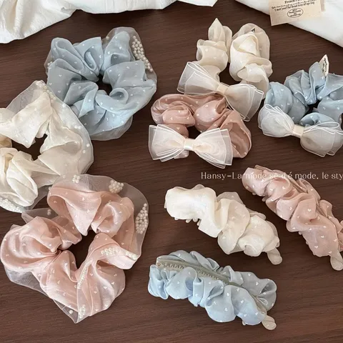 Sweet Morandi Fabric Polka Dot Hair Scrunchies With Artificial Pearl Elegant Bowknot Hair Ties Mesh Claw Clips For Women Daily Dating Accessories