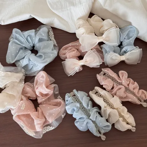Sweet Morandi Fabric Polka Dot Hair Scrunchies With Artificial Pearl Elegant Bowknot Hair Ties Mesh Claw Clips For Women Daily Dating Accessories
