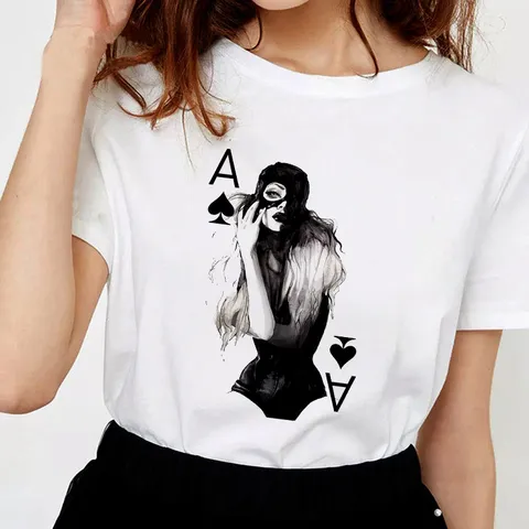 Women Harajuku Aesthetic T-Shirt Cotton Round Neck Short Sleeve Top Artistic Poker Card Character Printed White Casual Tee