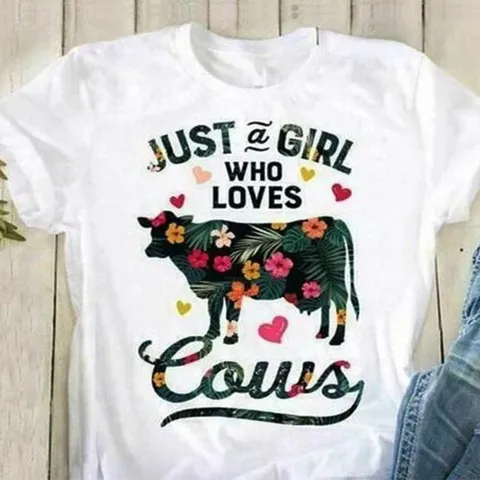 Women's Casual Modal T-Shirt Short Sleeve Round Neck Loose Printed Floral Cow Graphic Tee Summer White Basic Top For Girls
