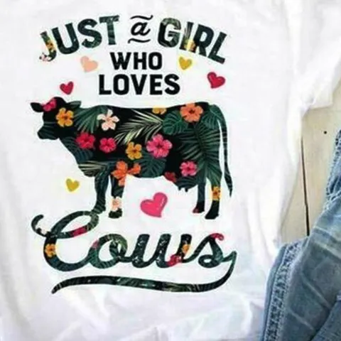 Women's Casual Modal T-Shirt Short Sleeve Round Neck Loose Printed Floral Cow Graphic Tee Summer White Basic Top For Girls
