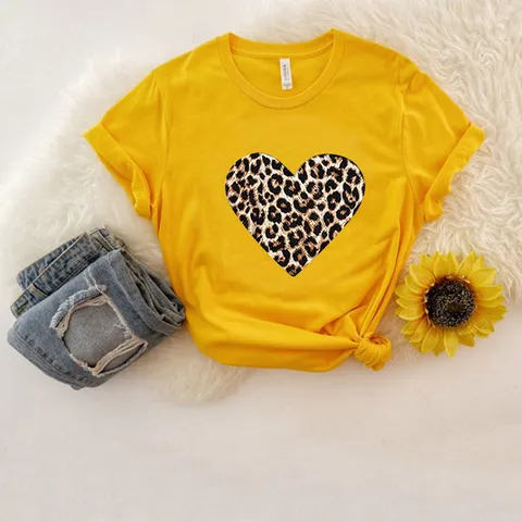 Dames Casual Katoen Modal Ronde Hals Korte Mouw T-Shirt Loose Fit Luipaard Hart Giraf Print Graphic Tee Top