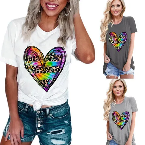 Women Modal Cotton Leopard Heart Print T-Shirt Loose Round Neck Casual Short Sleeve Top Sweet Tie-Dye Printed Graphic Tee