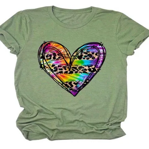 Women Modal Cotton Leopard Heart Print T-Shirt Loose Round Neck Casual Short Sleeve Top Sweet Tie-Dye Printed Graphic Tee