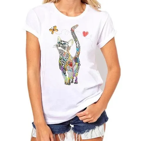 Women's Casual White Modal T-Shirt Cartoon Abstract Cat Geometric Print Short Sleeve Round Neck Graphic Tee Top