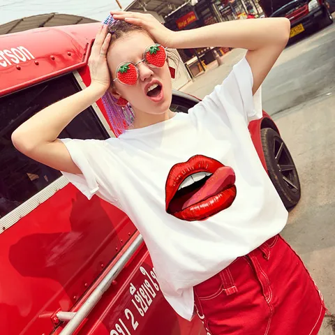 Women Sexy Lip Print T-Shirt Summer Fashion White Short Sleeve Top Casual Round Neck Modal Cotton Blend Graphic Tee