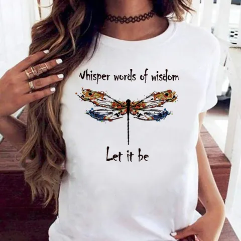 T-Shirt Décontracté pour Femme en Mélange de Coton et Modal avec Imprimé Libellule Artistique Col Rond Manches Courtes Haut Ample