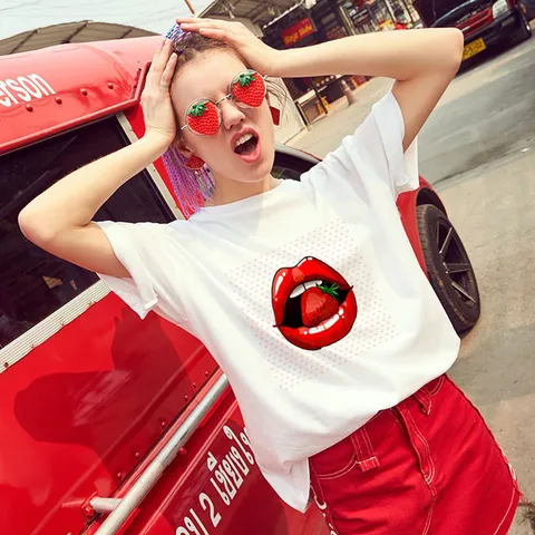Women Sexy Lip Print T-Shirt Summer Fashion White Short Sleeve Top Casual Round Neck Modal Cotton Blend Graphic Tee