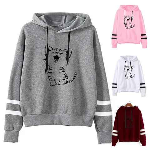Unisex Cat Print Striped Sleeve Hooded Sweatshirt Casual Polyester Long Sleeve Hoodie Jacket Top