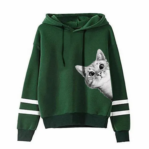 Unisex Casual Polyester Hoodie Süßer Katzen Druck Gestreifter Ärmel Langarm Kapuzenpullover Lockerer Sweatshirt Für Damen Herren