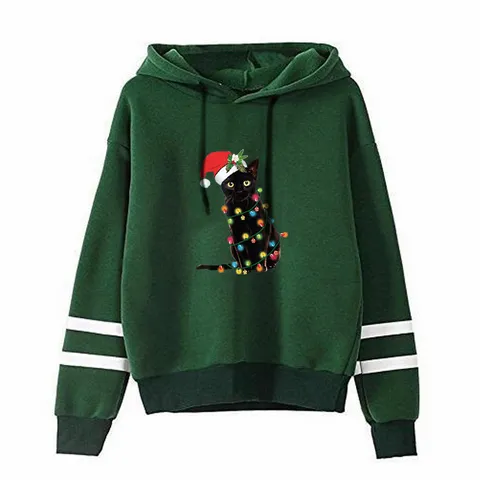 Christmas Black Cat Printed Hoodie Unisex Polyester Double Striped Sleeve Pullover Warm Casual Winter Holiday Top