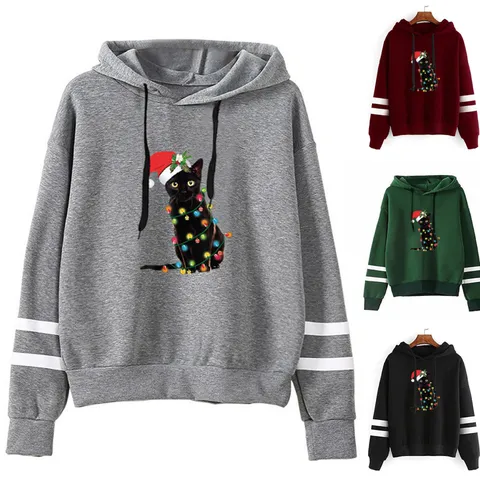 Christmas Black Cat Printed Hoodie Unisex Polyester Double Striped Sleeve Pullover Warm Casual Winter Holiday Top