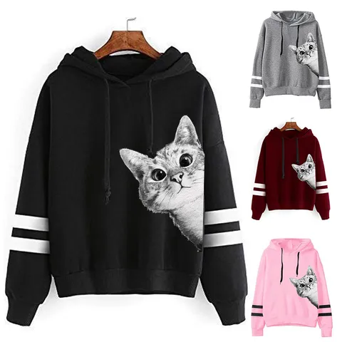 Unisex Casual Polyester Hoodie Süßer Katzen Druck Gestreifter Ärmel Langarm Kapuzenpullover Lockerer Sweatshirt Für Damen Herren