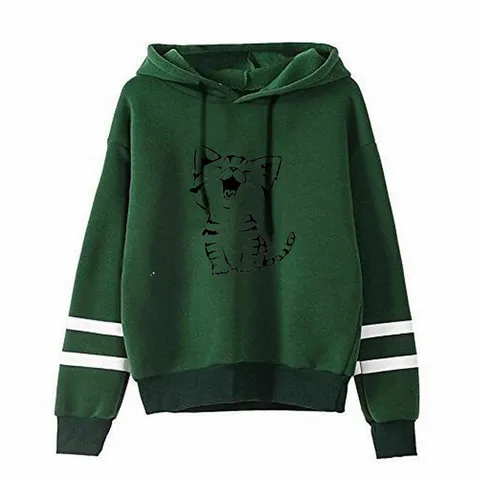 Unisex Cat Print Striped Sleeve Hooded Sweatshirt Casual Polyester Long Sleeve Hoodie Jacket Top