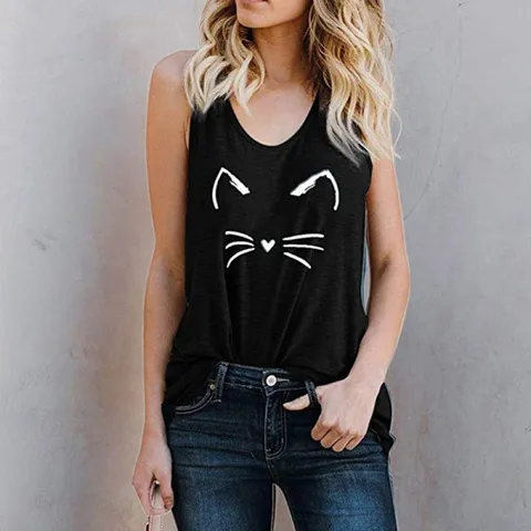 Women Modal Sleeveless Tank Top Round Neck Cat Print Breathable Casual Summer Vest Soft Slim Fit Graphic Top