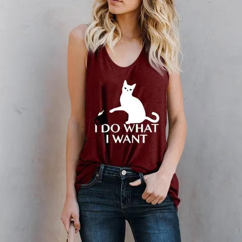 Camiseta sin Mangas Modal para Mujer Estampado Gato Casual Cuello Redondo sin Mangas Verano Transpirable Top Suave