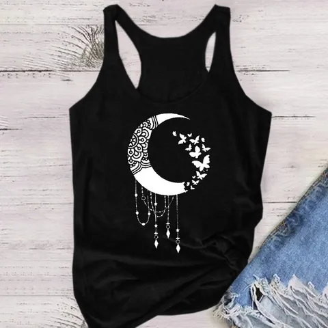 Women Casual Modal Round Neck Sleeveless Tank Top Moon Mandala Butterfly Print Summer Basic Loose Fit Vest Top