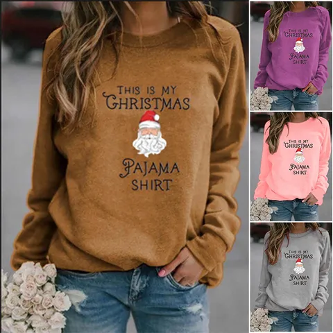 Dames Kerstman Print Sweatshirt Lange Mouwen Ronde Hals Pullover Feestelijk Polyester Casual Top Pyjama Shirt