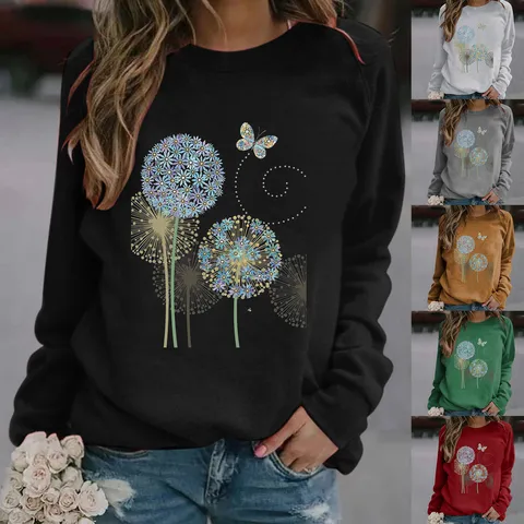 Sudadera Casual para Mujer Estampado de Diente de León y Mariposa Top de Manga Larga Cuello Redondo Corte Holgado Mezcla de Algodón Ropa de Mujer