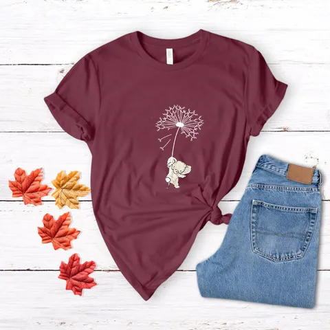 Γυναικείο Casual T-Shirt από Βαμβάκι Modal Κοντό Μανίκι Δημιουργικό Γραφικό Τύπωμα Ελέφαντας και Πικραλίδα Λαιμόκοψη Καλοκαιρινό Top