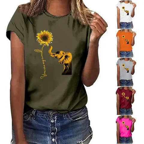 Dames Casual Katoen Modal Mix T-Shirt Olifant Zonnebloem Grafisch Bedrukt Ronde Hals Korte Mouw Top Zomer Graphic Tee