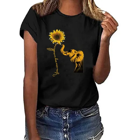 Dames Casual Katoen Modal Mix T-Shirt Olifant Zonnebloem Grafisch Bedrukt Ronde Hals Korte Mouw Top Zomer Graphic Tee