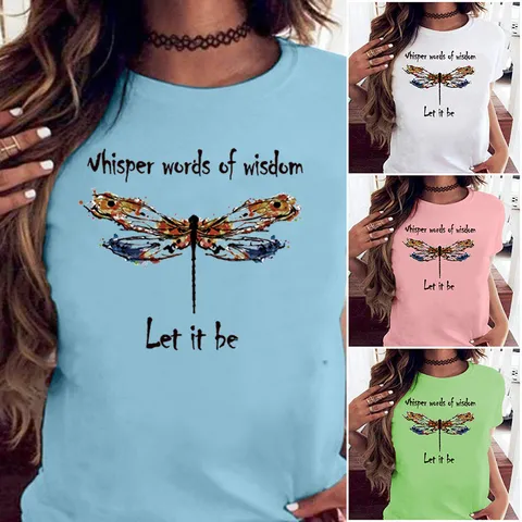 T-Shirt Décontracté pour Femme en Mélange de Coton et Modal avec Imprimé Libellule Artistique Col Rond Manches Courtes Haut Ample