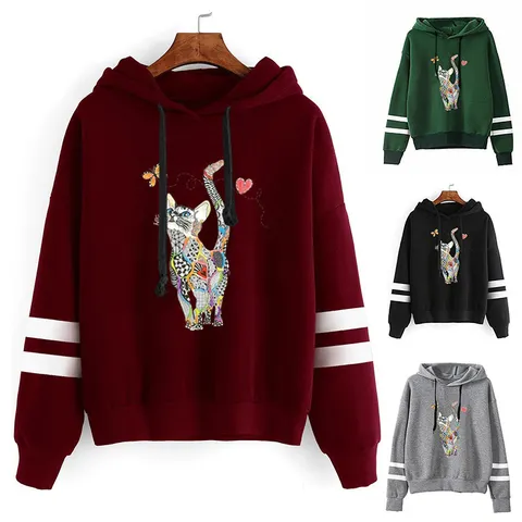 Unisex Cat Print Double Stripe Sleeve Hooded Sweatshirt Pullover Top Casual Streetwear Long Sleeve Hoodie For Men Women