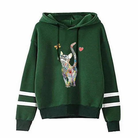 Unisex Cat Print Double Stripe Sleeve Hooded Sweatshirt Pullover Top Casual Streetwear Long Sleeve Hoodie For Men Women