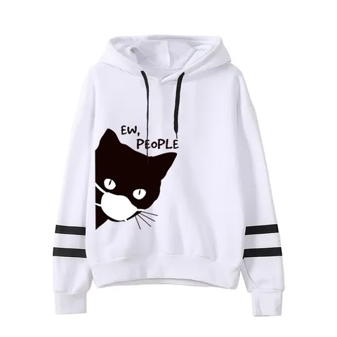 Felpa con Cappuccio Unisex con Stampa Gatto Mascherato Manica Lunga con Doppia Riga Ew People Casual Streetwear