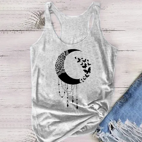 Women Casual Modal Round Neck Sleeveless Tank Top Moon Mandala Butterfly Print Summer Basic Loose Fit Vest Top