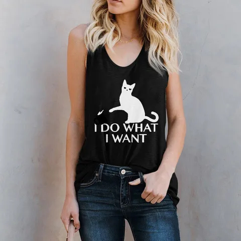 Camiseta sin Mangas Modal para Mujer Estampado Gato Casual Cuello Redondo sin Mangas Verano Transpirable Top Suave