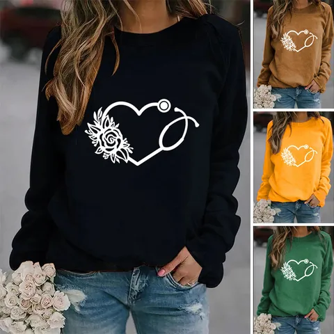 Damen Casual Rundhals Sweatshirt Polyester Bedruckt Herz Stethoskop Floral Langarm Pullover Sweatshirt Top