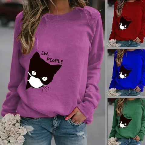 Felpa da Donna Casual a Girocollo a Maniche Lunghe in Poliestere con Stampa Gatto Ew People Grafica Pullover Streetwear per Donna