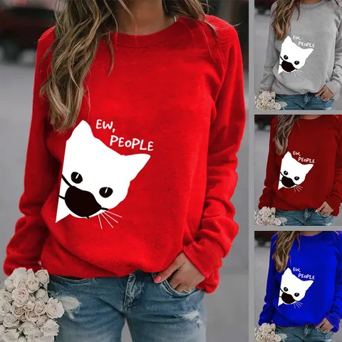 Felpa da Donna Girocollo Con Grafica Gatto Con Mascherina EW PEOPLE Stampa Manica Lunga In Poliestere Top Casual
